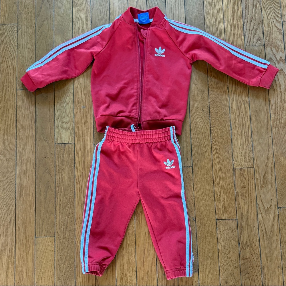Adidas Kids Red Tracksuit with Light Blue Stripes Size 12-18 months